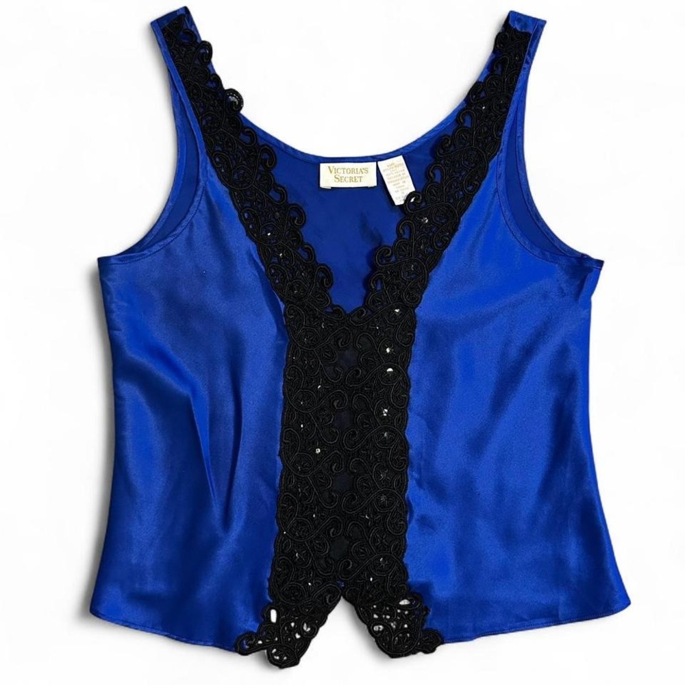 Victoria's Secret Gold Label Vintage Blue Satin Top Lace Sequin Trim Small